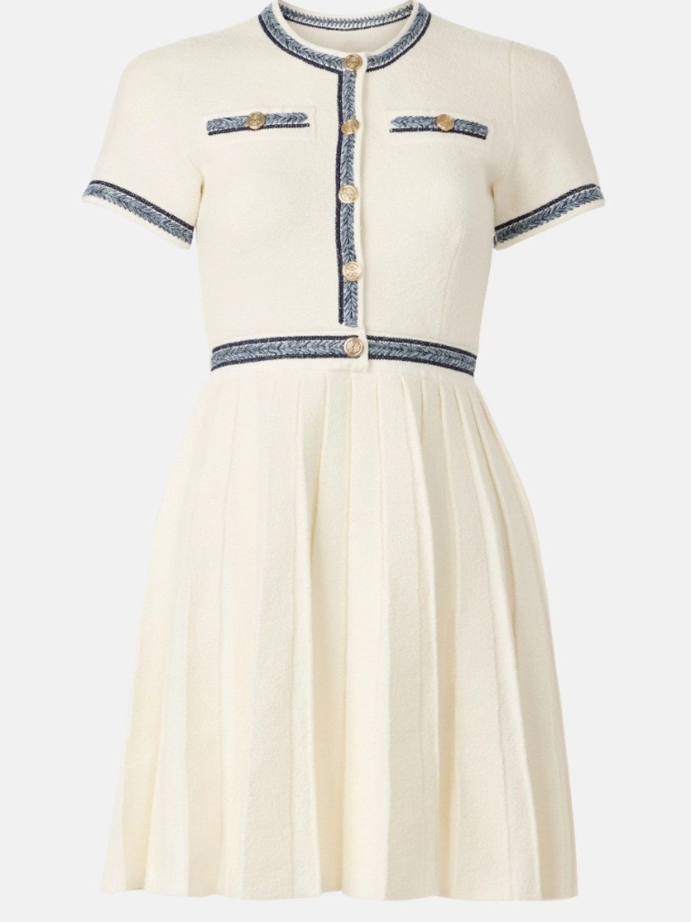 MAJE White Knit Pleated Mini Dress Braided Blue Trim FR 42 = US 10